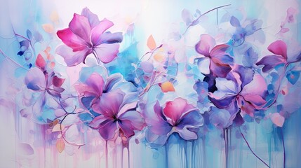  a painting of purple and blue flowers on a blue background.  generative ai