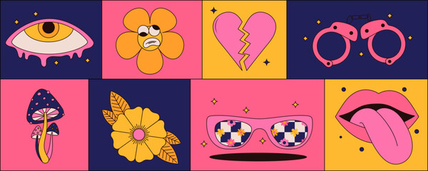 Groovy hippie sticker pack with psychedelic mushrooms , heart, lips, eyes, sunglasses and more. Vintage vector graphics