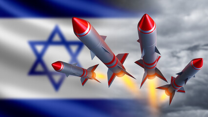Rockets with flag of Israel. Rocket launch from tel aviv. Military missiles will attack enemy. Israeli air defense system concept. Iron dome missiles fight off attack. Israel flag in sky. 3d image © Grispb
