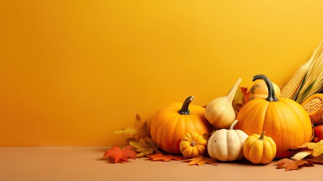  a group of pumpkins and corn on a table with leaves.  generative ai