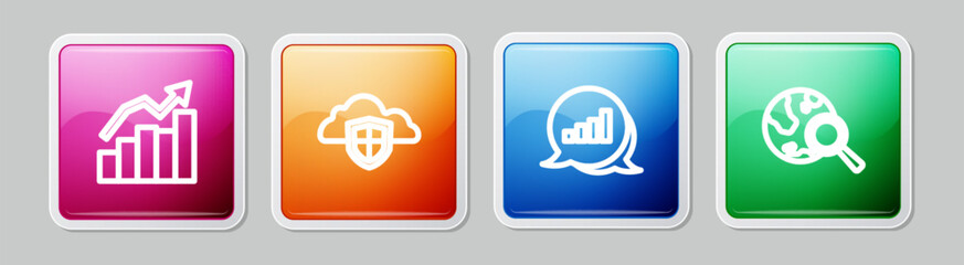 Set line Financial growth, Cloud and shield, Pie chart infographic and Search globe. Colorful square button. Vector