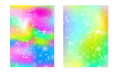 Unicorn background with kawaii magic gradient. Princess rainbow hologram.