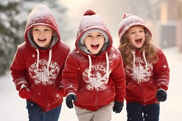 Three happy children having fun in winter park on a snowy day.