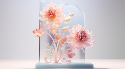 glassy background with flowers for product presentation   generated by AI tool 
