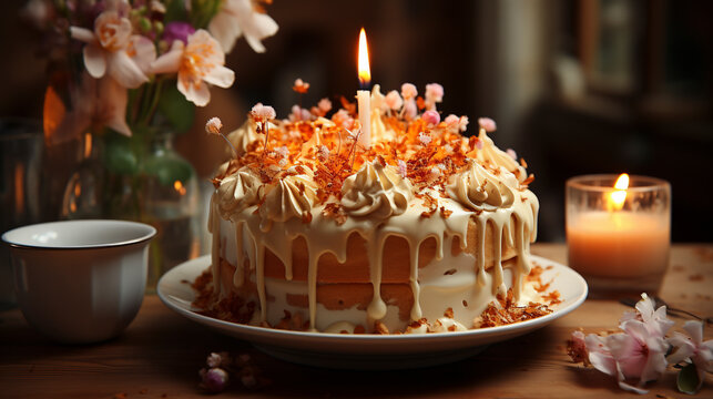 Birthday cake with candle in plate UHD wallpaper Stock Photographic Image