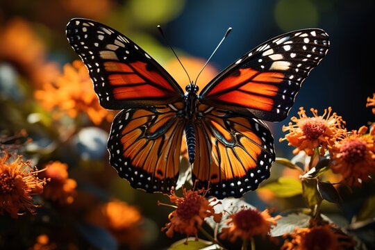 A Monarch butterfly in exquisite macro photography, its wings unfurled, displaying the intricate patterns of nature's artistry.