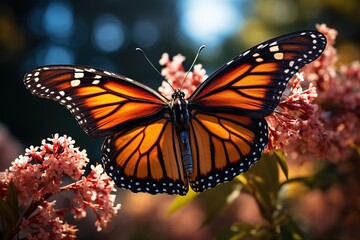 A Monarch butterfly in exquisite macro photography, its wings unfurled, displaying the intricate patterns of nature's artistry.