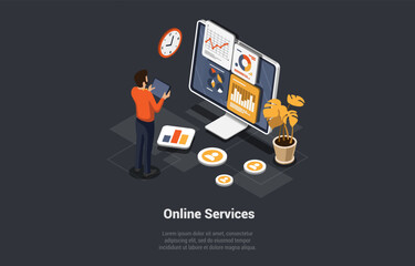 Find Best Offer With Online Service. Customer Search Products And Services Online. Chart And Diagram Statistics Data, Internet Idea For Website, Mobile, Presentation. Isometric 3D Vector Illustration