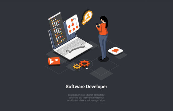 Software Development Coding Process. Programmer Frontend Developer Woman Coding on Laptop. Screen With Code, HTML and CSS. Coder Engineer At Workplace. Isometric 3d Cartoon Vector Illustration