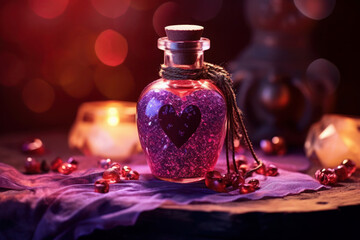 Obraz na płótnie Canvas Bottle with love potion. pink magic heart elixir. Design elements for Valentines day. love vial Aphrodisiac flask