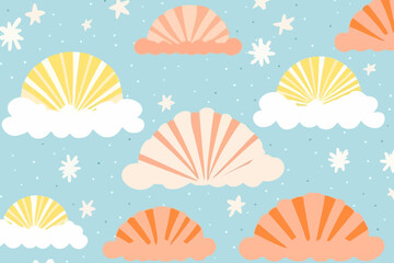Sun rays shining through clouds quirky doodle pattern, wallpaper, background, cartoon, vector, whimsical Illustration
