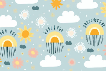 Sun rays shining through clouds quirky doodle pattern, wallpaper, background, cartoon, vector, whimsical Illustration
