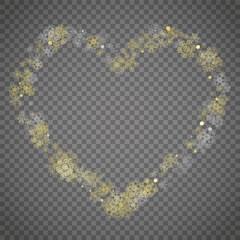 Isolated snowflakes on transparent grey background. Gold glitter snow. Winter sales, Christmas and New Year design for party invitation, banner, sale. Winter window. Magic crystal isolated snowflakes.