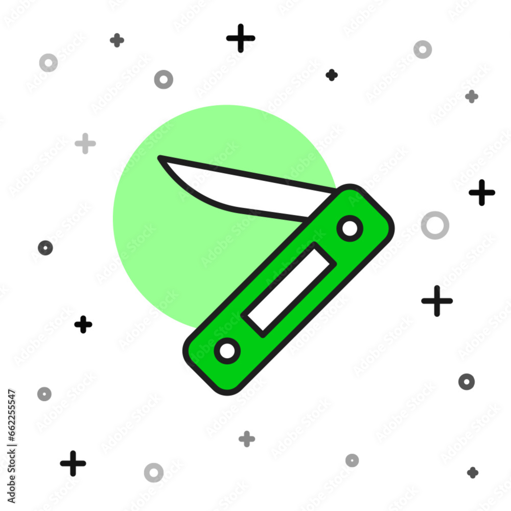 Sticker Filled outline Swiss army knife icon isolated on white background. Multi-tool, multipurpose penknife. Multifunctional tool. Vector