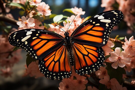 A Monarch butterfly in exquisite macro photography, its slender antennae sensing the world as it perches on a vibrant blossom.