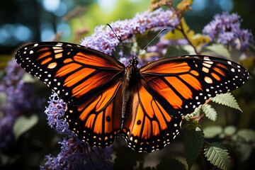 Fototapeta premium A close-up view of a Monarch butterfly's proboscis, delicately extended to sip nectar from a wildflower, revealing the marvel of nature's design.