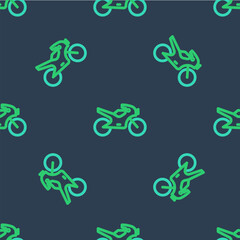 Line Motorcycle icon isolated seamless pattern on blue background. Vector
