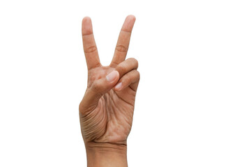 Man hand make symbol on isolated white background. 2 finger lift up