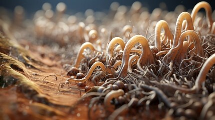 Microscopic image of nematodes in soil. - obrazy, fototapety, plakaty
