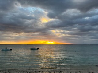 Dramatic sunset over Indian Ocean in Mauritius