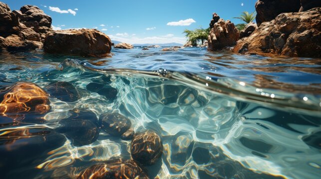 Crystal clear inspiration, clear clear sea, underwater-terrestrial world. Rocky shore. A heavenly place.