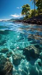 Fototapeta na wymiar Crystal clear inspiration, clear clear sea, underwater-terrestrial world. Rocky shore. A heavenly place.