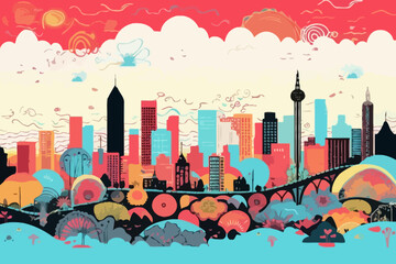 Atlanta skyline quirky doodle pattern, wallpaper, background, cartoon, vector, whimsical Illustration - obrazy, fototapety, plakaty