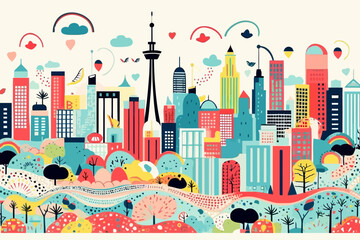 Atlanta skyline quirky doodle pattern, wallpaper, background, cartoon, vector, whimsical Illustration - obrazy, fototapety, plakaty