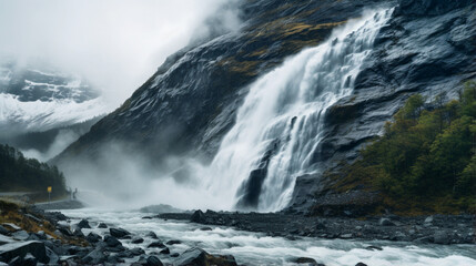 A waterfall on the dark rocks