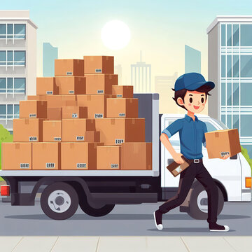 A courier is pushing a truck that transports lots of boxes to deliver customers..