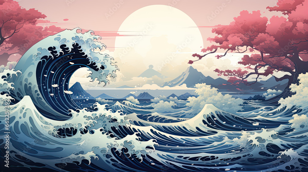 Wall mural A Japanese great wave sea Japan engraved art design in a vintage woodcut intaglio style