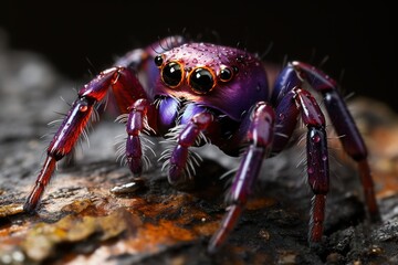 A close-up view of a Purple-Gold Jumping Spider's remarkable iridescent body and distinctive markings in exquisite macro photography.
