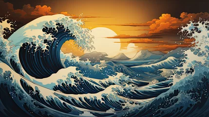 Poster A Japanese great wave sea Japan engraved art design in a vintage woodcut intaglio style © Ziyan Yang