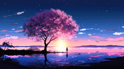 Beautiful pink tree in the lake at sunset