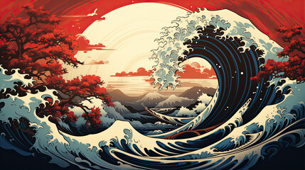A Japanese great wave sea Japan engraved art design in a vintage woodcut intaglio style - obrazy, fototapety, plakaty