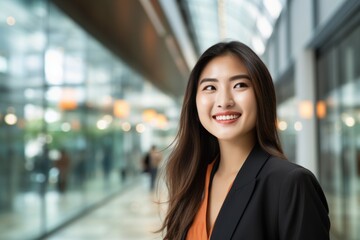 Obraz premium Business woman smile face walking office complex 