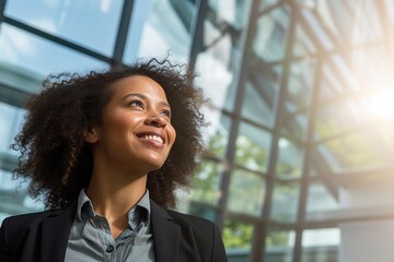 Business woman smile face walking office complex 