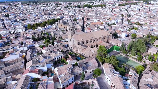Baeza Cathedral. Guadalimar Greenway. Aerial view from a drone. Via Verdes de Jaen. Baeza. Province of Jaen. Andalusia. Spain. Europe