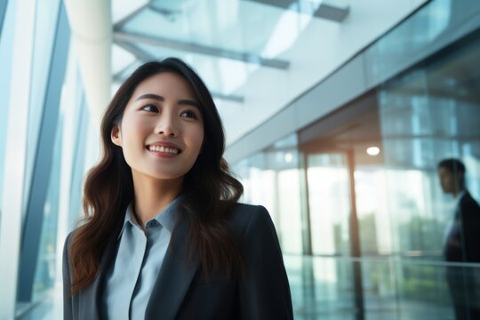 Business woman smile face walking office complex 
