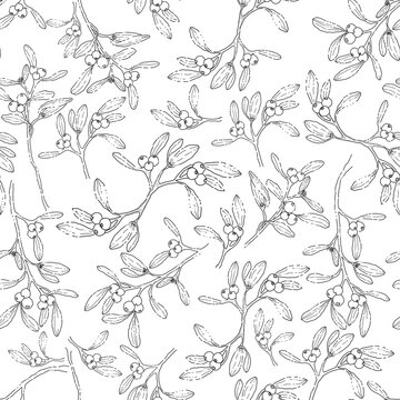 seamless pattern with lineart mistletoe, simple hand drawn christmas  background, mistletoe seamless  branches
