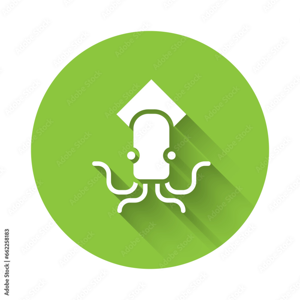 Sticker white octopus icon isolated with long shadow. green circle button. vector