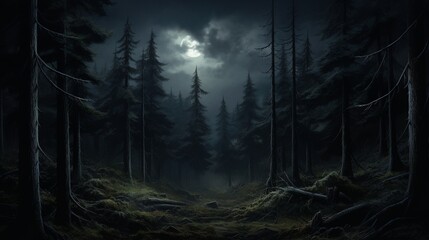 Moonlight illuminating a dark spruce forest - obrazy, fototapety, plakaty