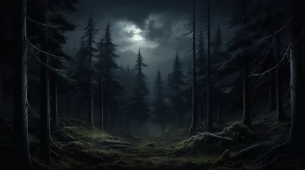 Foto op Plexiglas Moonlight illuminating a dark spruce forest © Samia