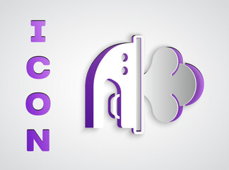 Paper cut Electric iron icon isolated on grey background. Steam iron. Paper art style. Vector