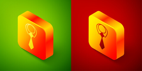Isometric Tie icon isolated on green and red background. Necktie and neckcloth symbol. Square button. Vector