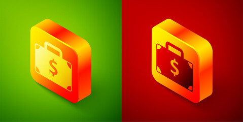 Isometric Briefcase and money icon isolated on green and red background. Business case sign. Business portfolio. Square button. Vector