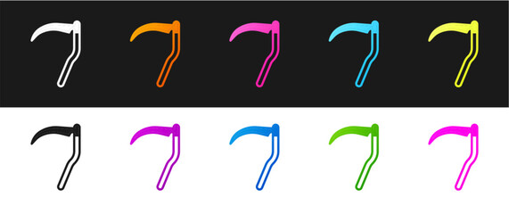 Set Scythe icon isolated on black and white background. Happy Halloween party. Vector