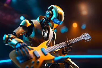 Poster AI robot playing guitar. AI technology effect modern and future music industry. An alternative to create music or record audio. © Dusit