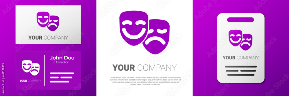 Sticker Logotype Comedy and tragedy theatrical masks icon isolated on white background. Logo design template element. Vector