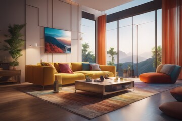 modern interior of a living room with a sofa and tv 3D rendering of a modern interior design with a window modern interior of a living room with a sofa and tv